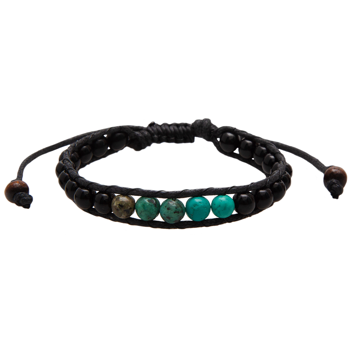Lotus and Luna Men’s Ocean Protector bracelet with black and turquoise semi-precious stones on an adjustable black cord