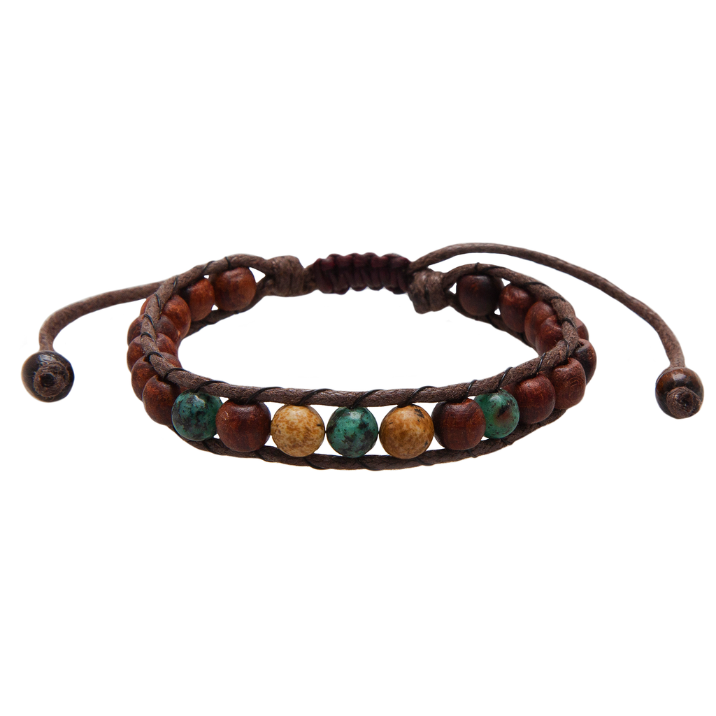 Lotus and Luna Men’s Salty Grom bracelet with natural wood and multicolored stone beads on an adjustable brown cord