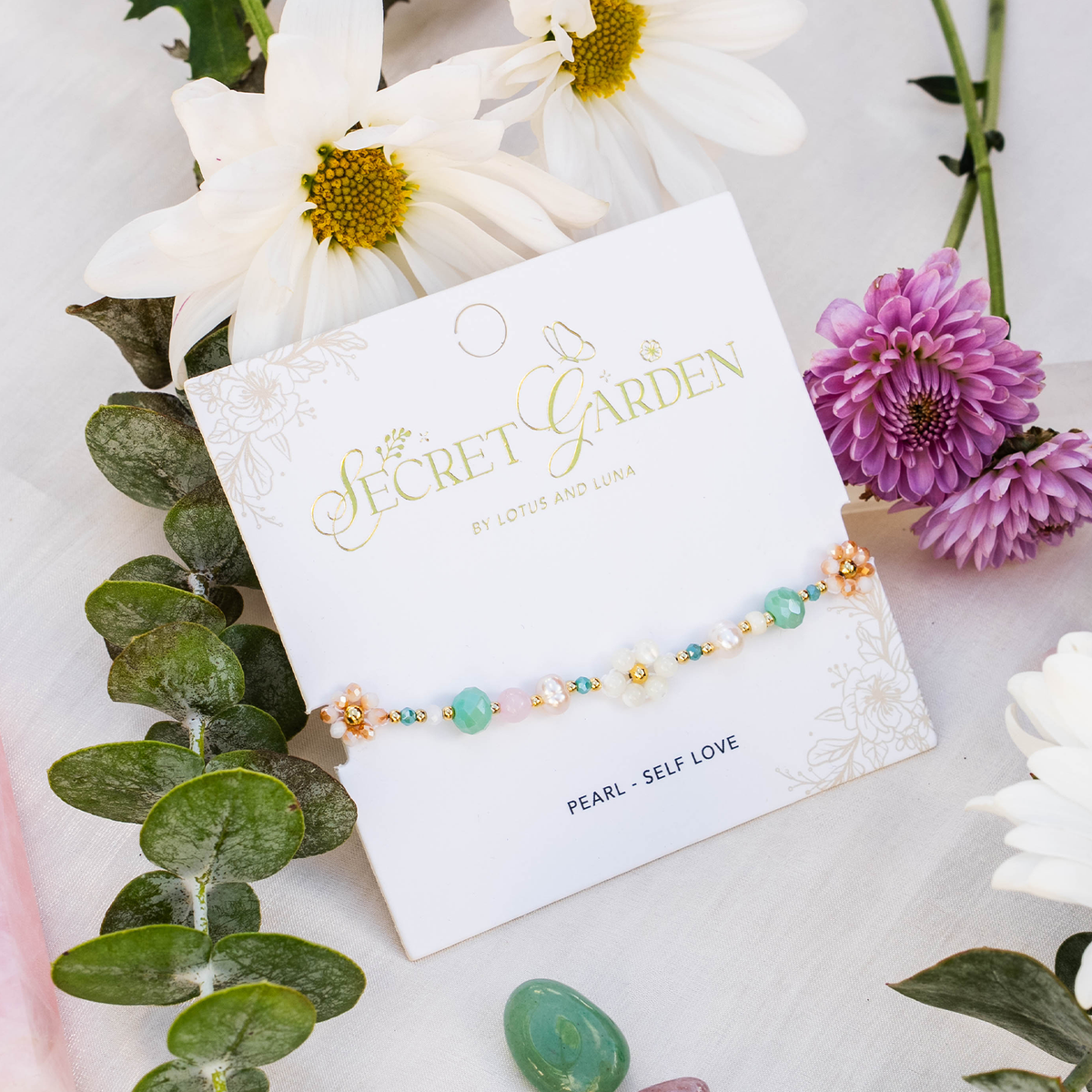 Lotus and Luna Moonlit Wish Secret Garden bracelet with delicate beaded floral details.