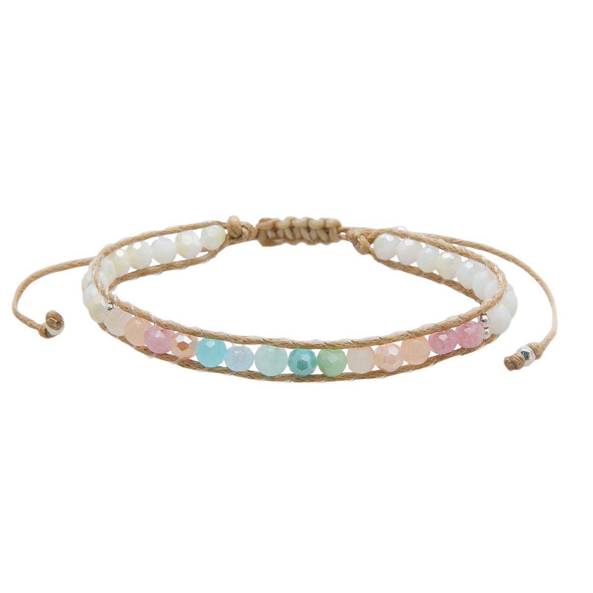 Lotus and Luna women’s Coconut Crush bracelet with pastel beaded stones and adjustable cord.