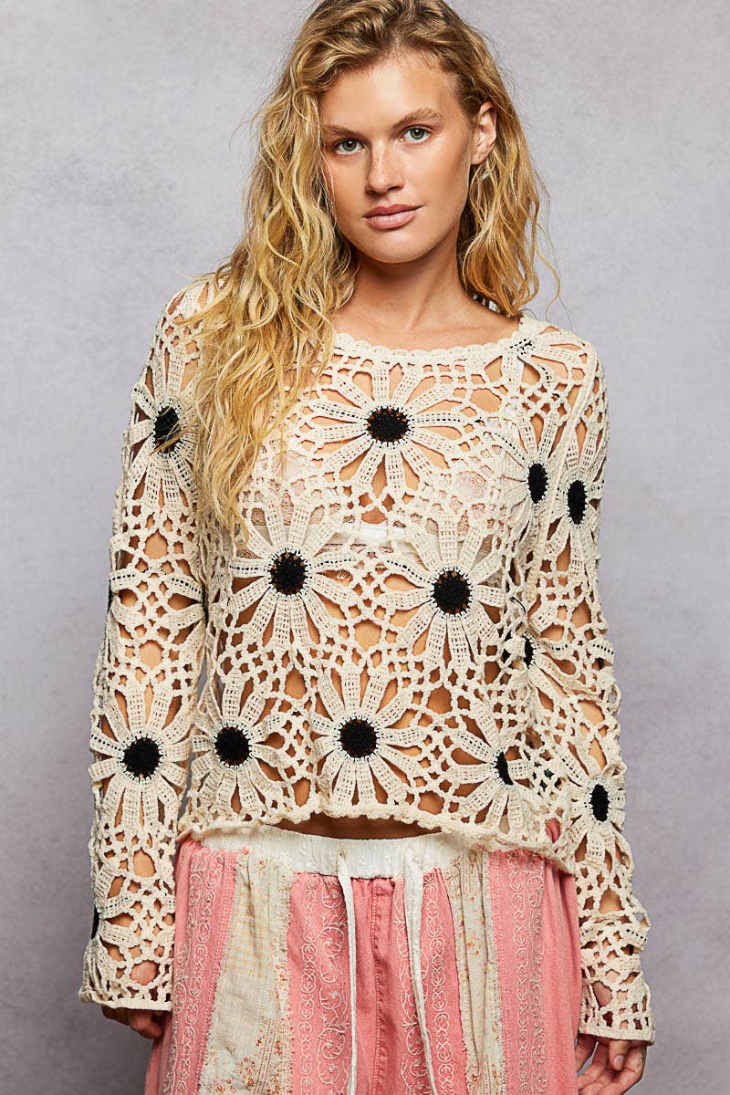 POL Clothing natural and black floral weave long sleeve crochet top with open-knit floral design and scalloped edges.