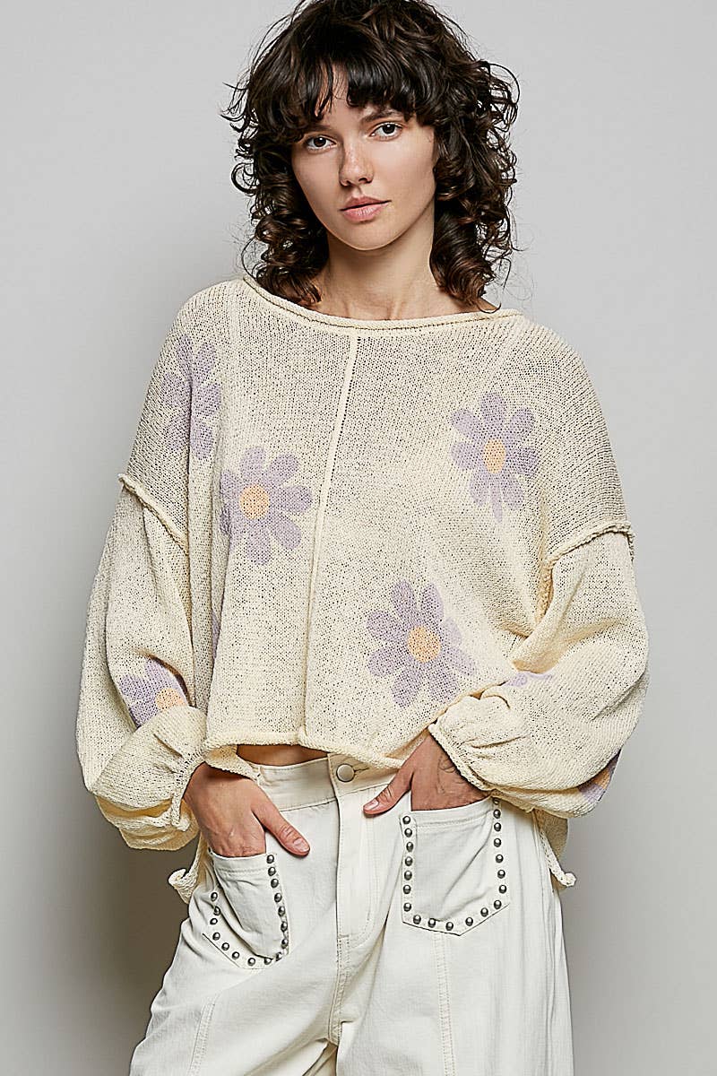 POL Clothing women’s cream round neck thin sweater with lavender floral print and balloon sleeves.